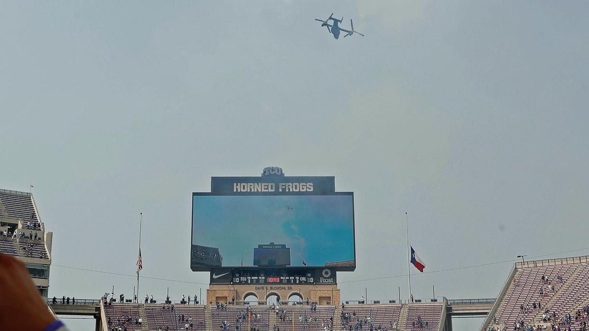 An Osprey flies over before the first half of the game between Cal and TCU in Fort Worth, Texas, Saturday, Sept. 11, 2021. The flyover was part of a 9/11 memorial before the game.