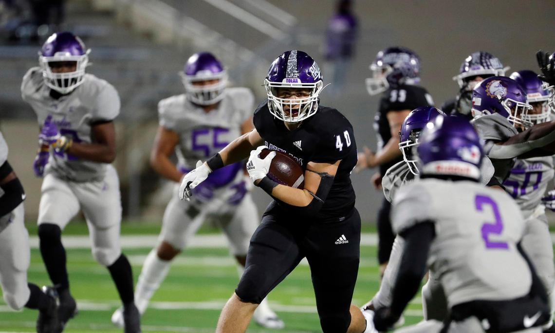 Tolar running back Peyton Brown (40) takes off on another touchdown run in the first half of a Class 2A D1 area round playoff game at Crowley ISD Multi-Purpose Stadium in Fort Worth, Texas, Thursday, Nov. 17, 2022. Tolar led Marlin 50-12 at the half. (Special to the Star-Telegram Bob Booth)
