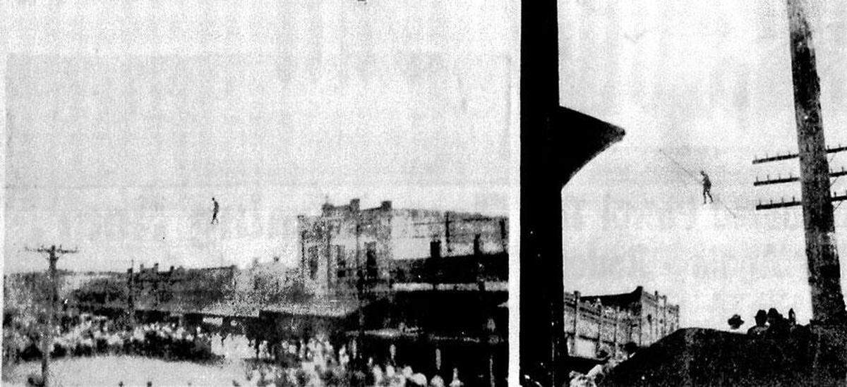 In 1914, Will Taylor did a high-wire walk across Main Street for “Bill the Movie Man” and In honor of that there will be six-high wire performances between Grapevine City Hall and The Wallis Hotel.