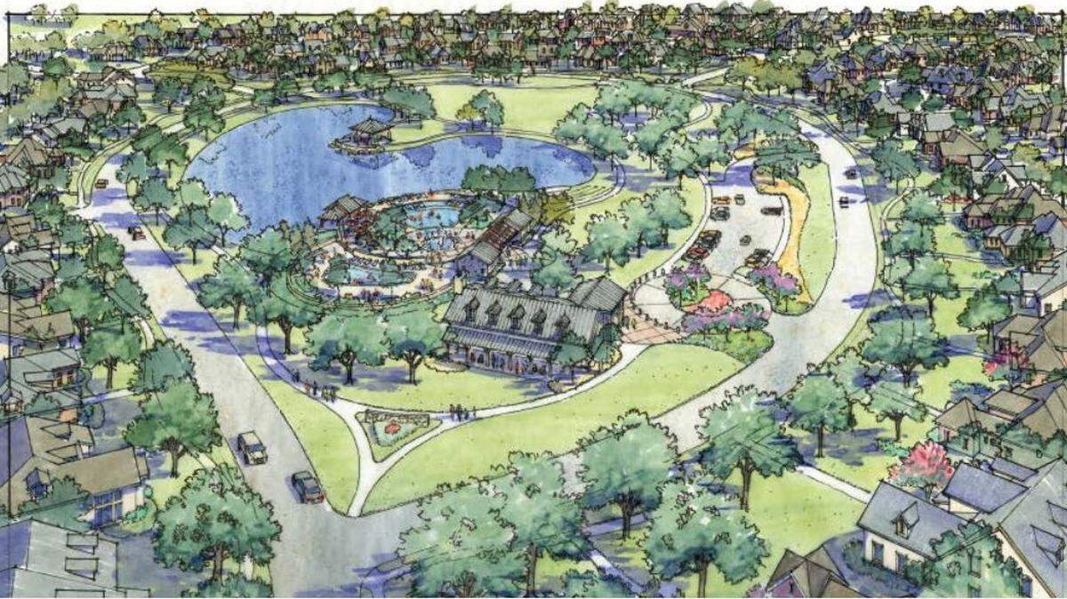 An artist rendering of the M3 Ranch amenity center and pond surrounded by houses.
