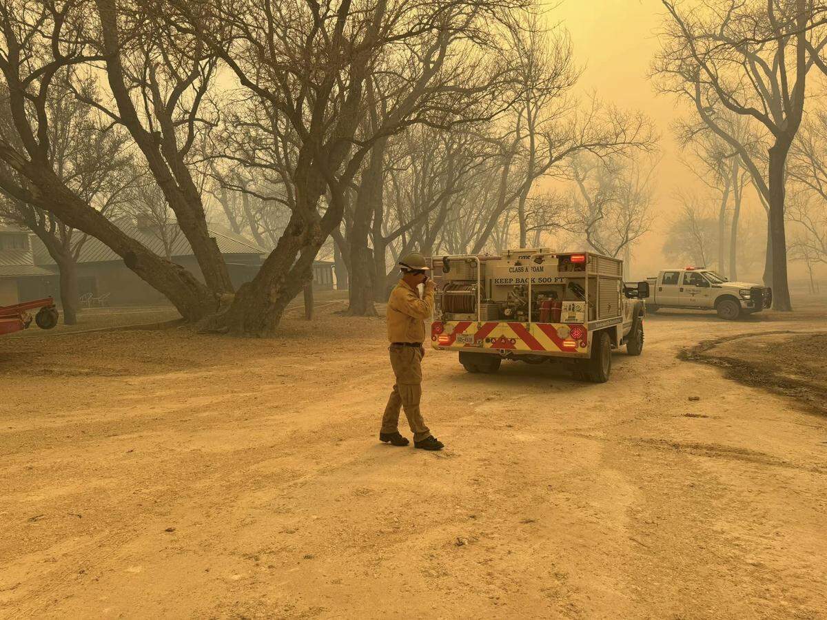 Flower Mound firefighters help respond to a wildfire in the Texas Panhandle, on Tuesday, Feb. 27, 2024. The rapidly spreading wildfire doubled in size between Monday and Tuesday. It burned homes and led to evacuation orders and was still growing, covering more than 1 million acres by Thursday morning.