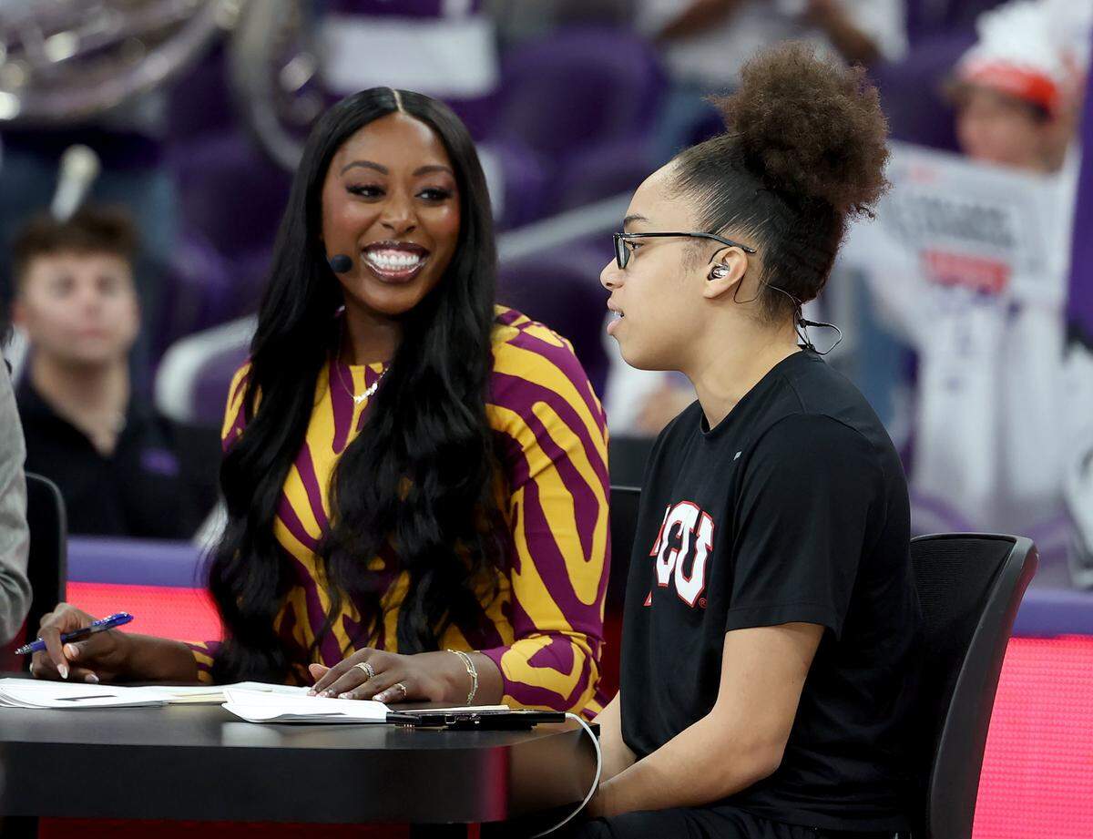 Texas Christian University guard Olivia Miles, right, talks with ESPN College GameDay's Chiney Ogwumike at Schollmaier Arena on Sunday, March 1, 2026.