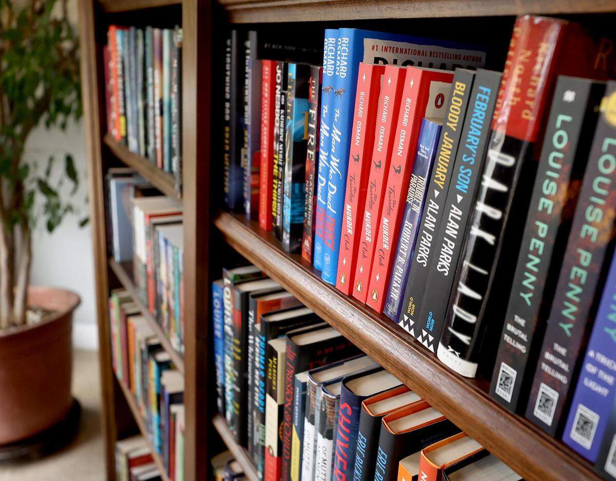 Books line the bookshelves of Monkey and Dog.