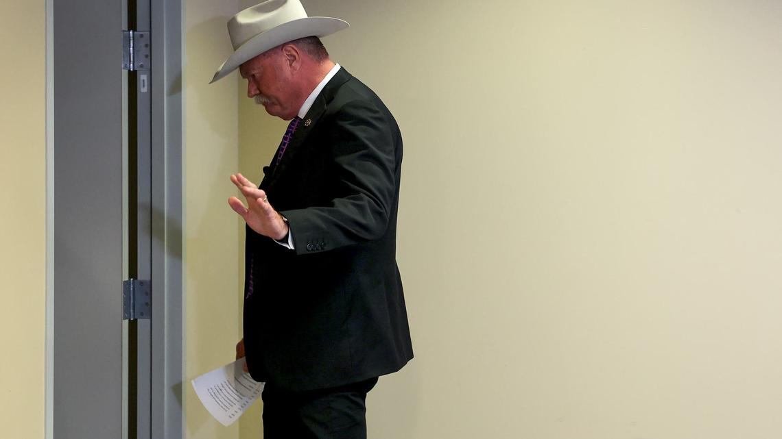 Tarrant County Sheriff Bill Waybourn exits a press conference on Thursday, April 25, 2024, to address the death of an inmate the previous Sunday. Anthony Ray Johnson Jr., 31, of Fort Worth, died after he was pepper-sprayed while fighting with detention officers at the Tarrant County Jail.