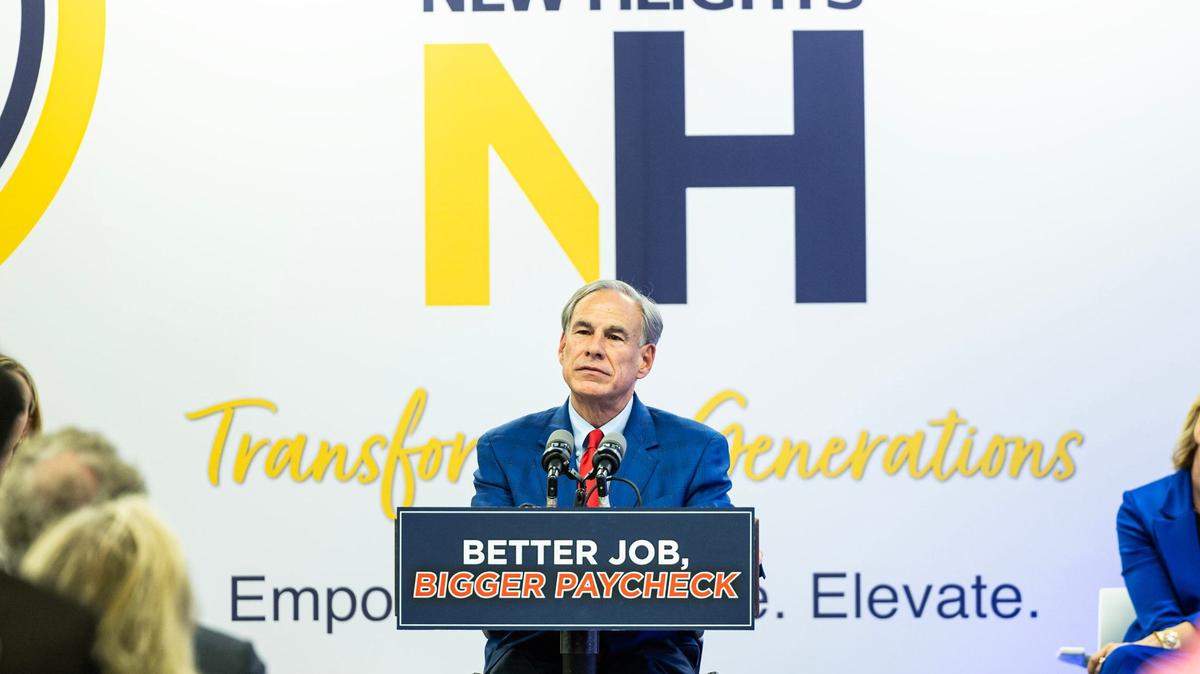 Texas State Governor Greg Abbott speaks to the attendees gathered for the grand opening ceremony of the New Heights Adult High School at the Tarrant County College Opportunity Campus in Fort Worth on Wednesday, Sept. 25, 2024. New Heights is the first dual enrollment adult high school in Texas.