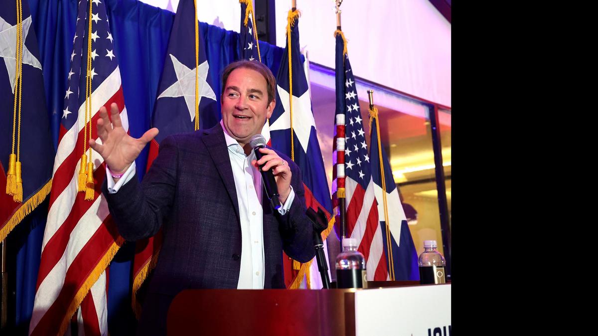 Republican candidate Republican John McQueeney talks to supporters after declaring victory on Tuesday, Nov. 5, 2024, at the Crescent Hotel in Fort Worth. McQueeney was running for Texas House District 97.