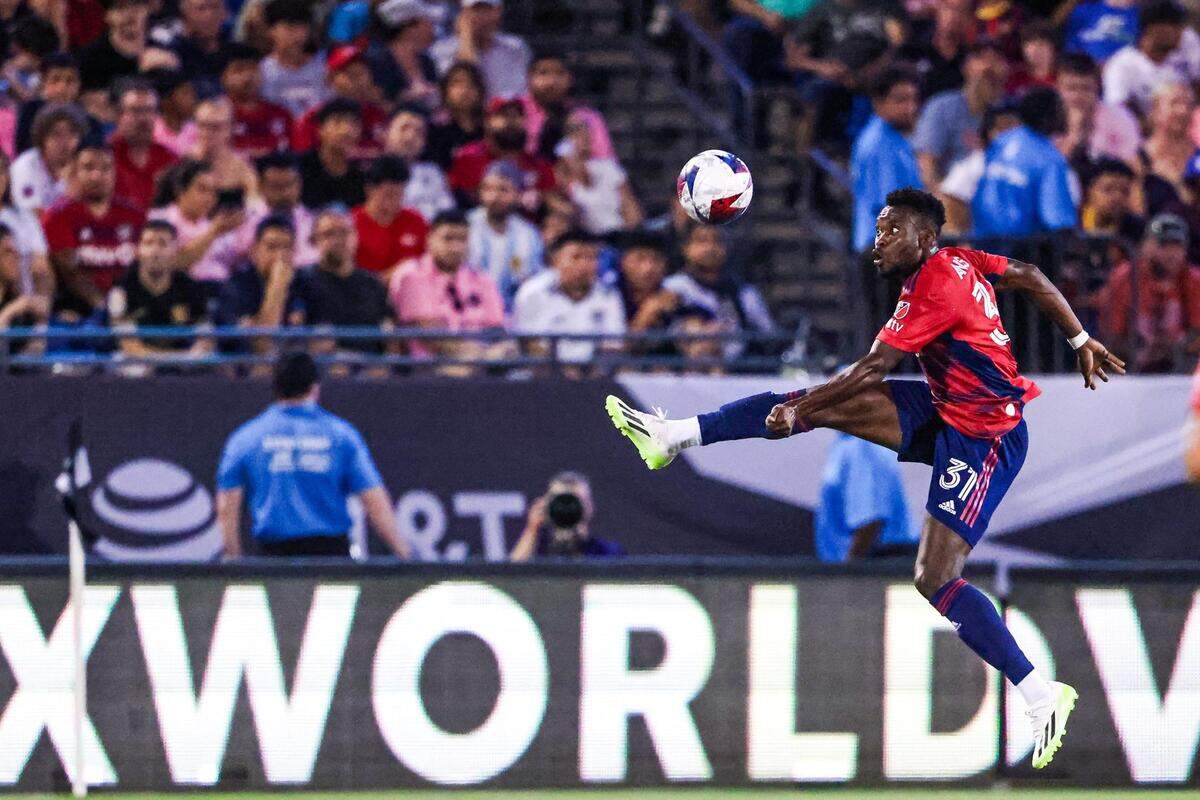 FC Dallas’s Ansah Eugene (31) jumps to control a pass in the second half of a Leagues Cup match against Inter Miami CF at TOYOTA Stadium in Frisco, Texas on Sunday, Aug. 6, 2023.