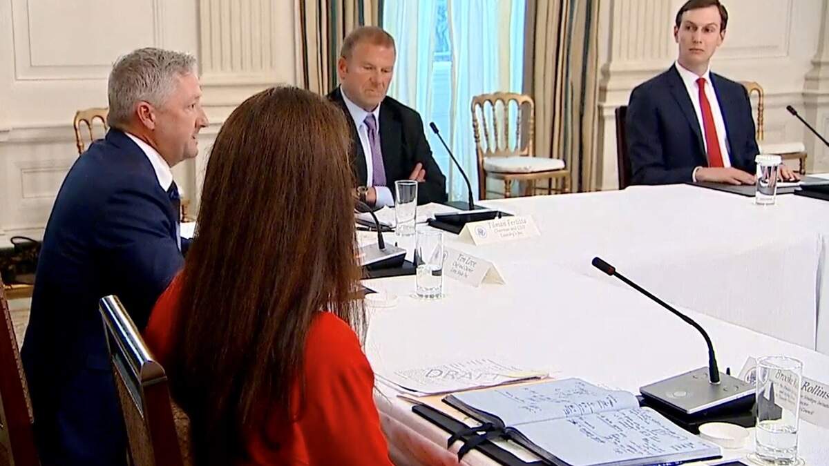 Chef Tim Love addresses President Trump alongside acting domestic policy director Brooke Rollins, also of Fort Worth. To his left are Houston restaurateur Tilman Fertitta, owner of Del Frisco’s, and senior White House advisor Jared Kushner.