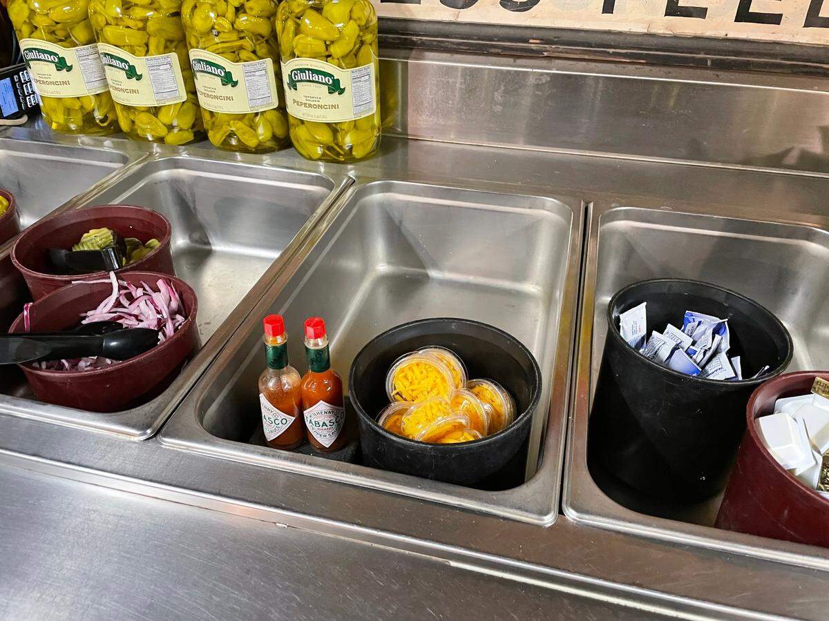 The self-serve barbecue fixings station at Ritzy B’s Smokehouse and Grill in Decatur, Texas on March 17, 2023.