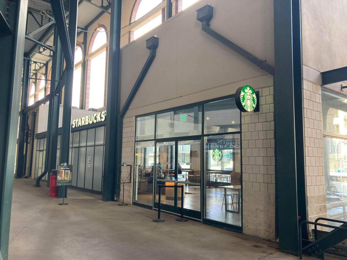 This Starbucks is open near what was the home plate entrance of Choctaw Stadium inside the concourse.