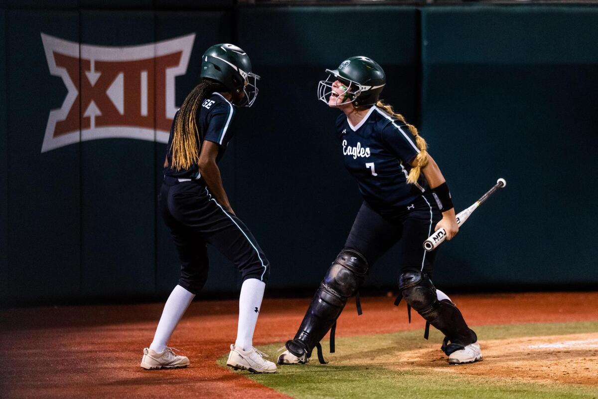Raigan Brannon (7) and Kassidy Chance celebrate during the 6A UIL State Softball Final between Lake Ridge and Northside O’Conner in Austin Texas, on June 4th, 2022.