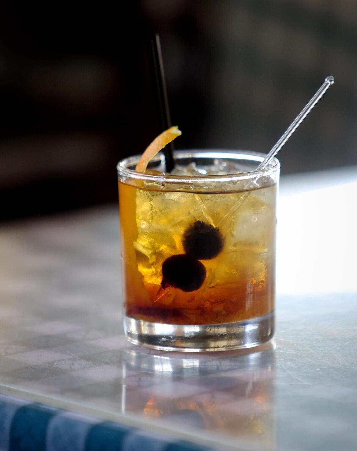 The breakfast old fashion at Lucile’s features Nob Creek Smoked Maple Bourbon with orange marmalade, orange bitters and Luxardo cherries.
