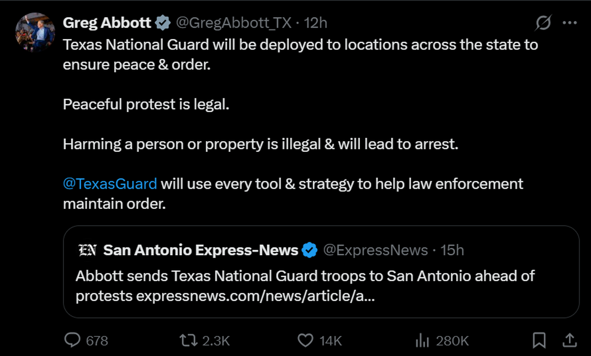 Texas Govenor Greg Abbott confirms on X National Guard deployment ahead of anti-ICE protests across the state.