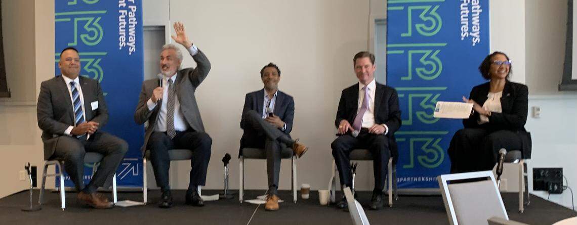 Fort Worth Innovation Officer David Saenz (left) spoke on a panel with investors and leaders involved in the Tarrant County To And Through (T3) partnership, which is expanding college and career advising services to high schools across the district following a $2 million investment from J.P. Morgan Chase. 