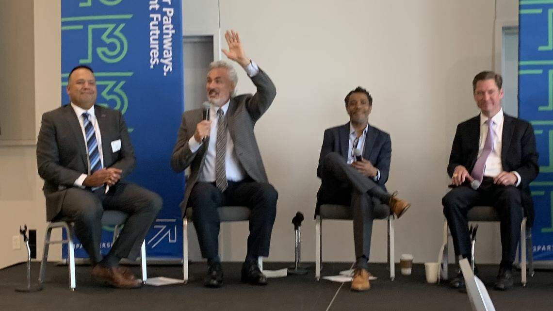 Fort Worth Innovation Officer David Saenz (left) spoke on a panel with investors and leaders involved in the Tarrant County To And Through (T3) partnership, which is expanding college and career advising services to high schools across the district following a $2 million investment from J.P. Morgan Chase. 