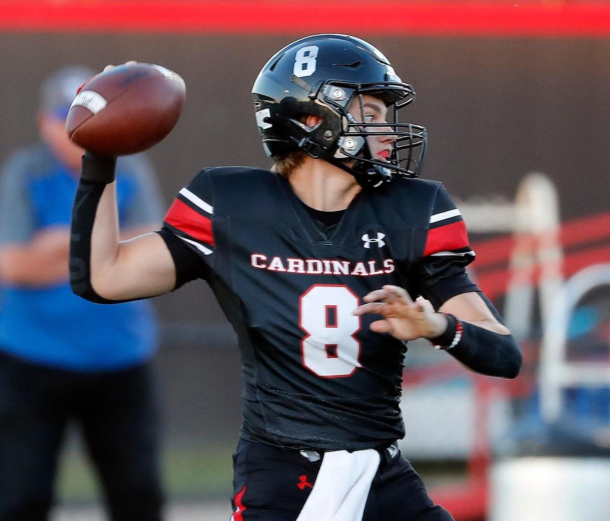 Fort Worth Christian quarterback Hogan Nelson (8) slings the ball down field in the first half of a high school football game at Barrow Field in North Richland Hills Texas, Friday, Sept. 30, 2022. (Special to the Star-Telegram Bob Booth)
