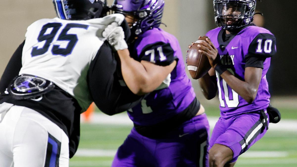 Crowley quarterback Caleb Williams (10) looks for a receiver down field in the first half of a UIL high school football game at Crowley ISD Multi-Purpose Stadium in Fort Worth on Nov. 2, 2023.
