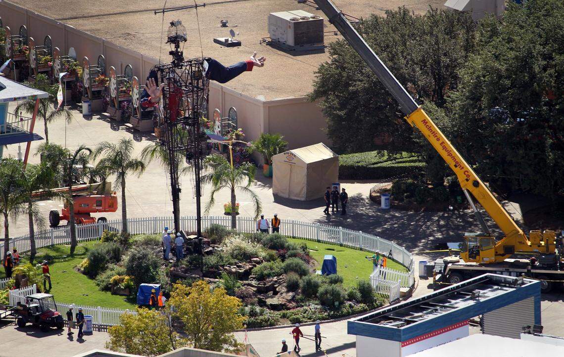 All that was left of Big Tex, besides the frame, was his arms, after the icon of the State Fair of Texas burned in Fair Park, on Friday, October 19, 2012, in Dallas, Texas