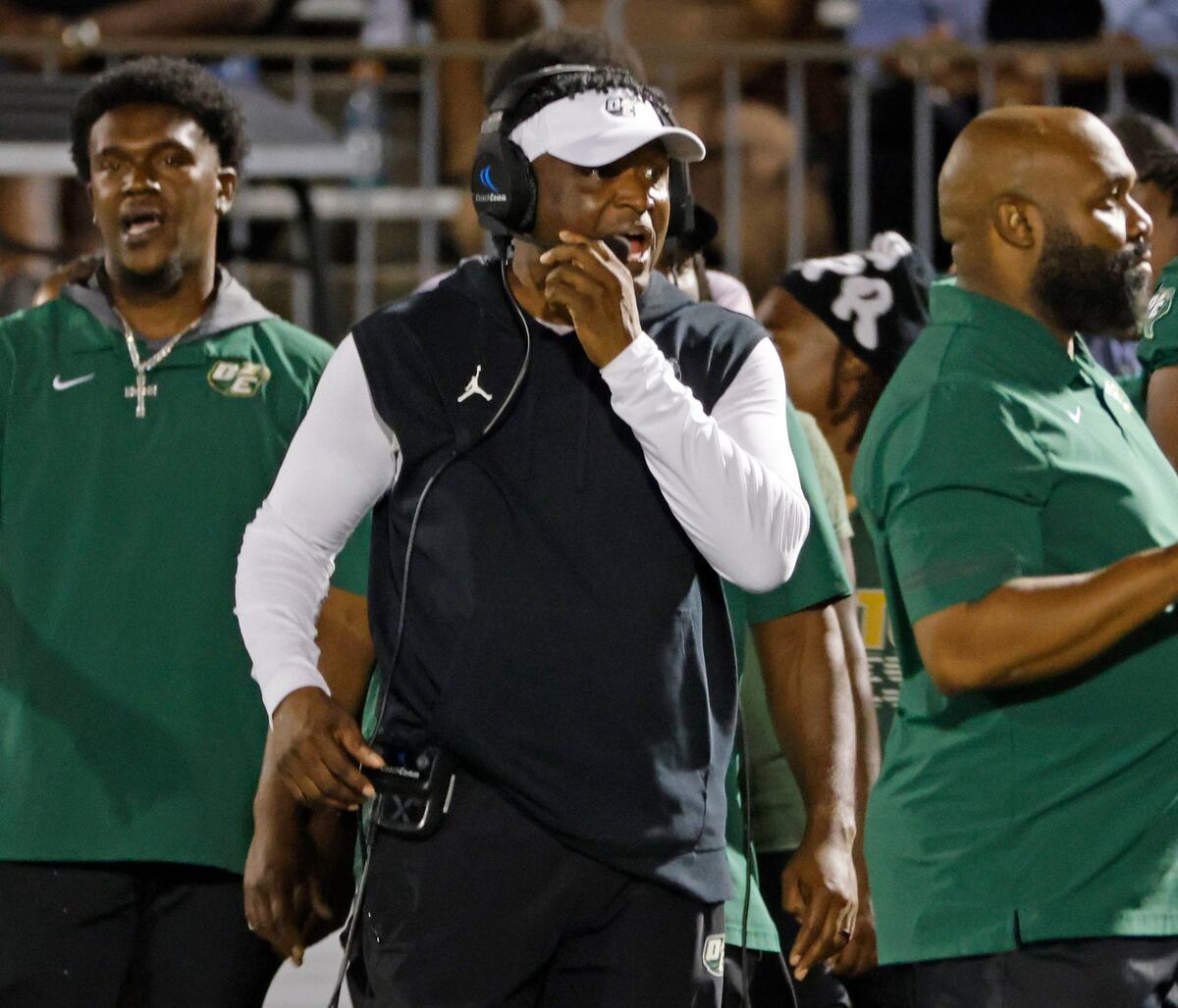 DeSoto head coach Claude Mathis reacts to a play during a District 11-6A football game at Eagle Stadium in DeSoto, Texas, Friday, Oct. 11, 2024.