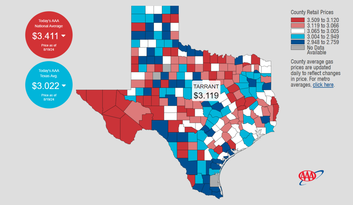 Texas counties with average gas prices, red being the most expensive and navy being the cheapest.