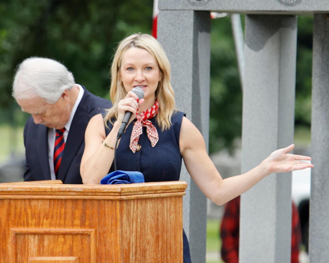 Fort Worth Mayor Mattie Parker took to the podium to issue a proclamation during the 96th Fort Worth Memorial Day Service at Mount Olivet Cemetery in Fort Worth, Texas, Monday, May 26, 2025.