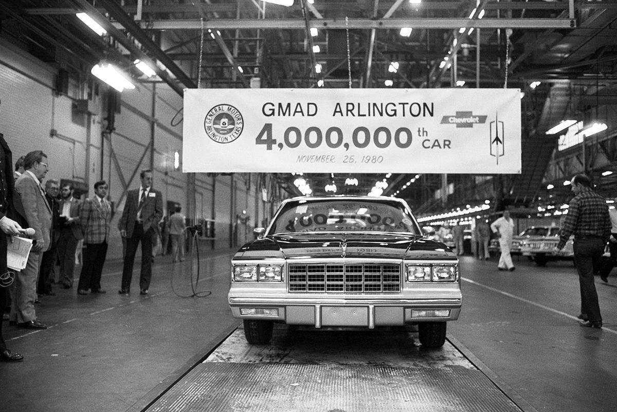 Nov. 26, 1980: General Motors Assembly in Arlington celebrates its 4 millionth automobile produced. The keys to the blue Chevrolet Monte Carlo were handed to former Mayor Tom Vandergriff, who would deliver it through Vandergriff Chevrolet Inc.