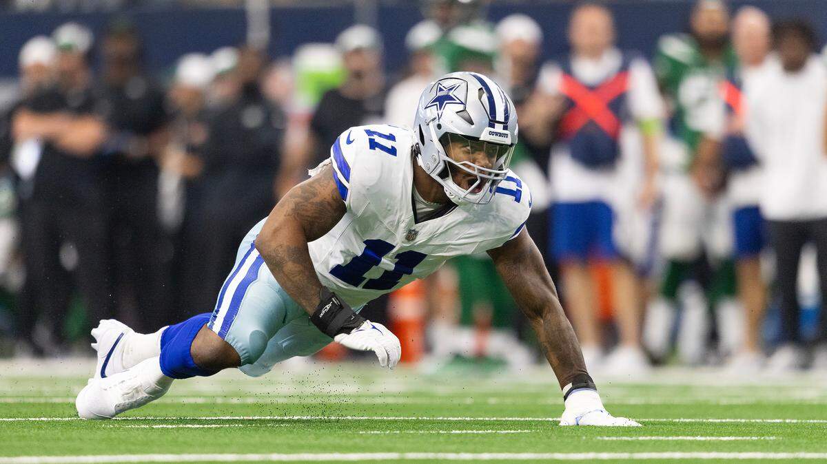 Dallas Cowboys linebacker Micah Parsons does his Lion crawl sack dance after sacking New York Jets quarterback Zach Wilson on Sunday, September 17, 2023, at AT&T Stadium in Arlington.
