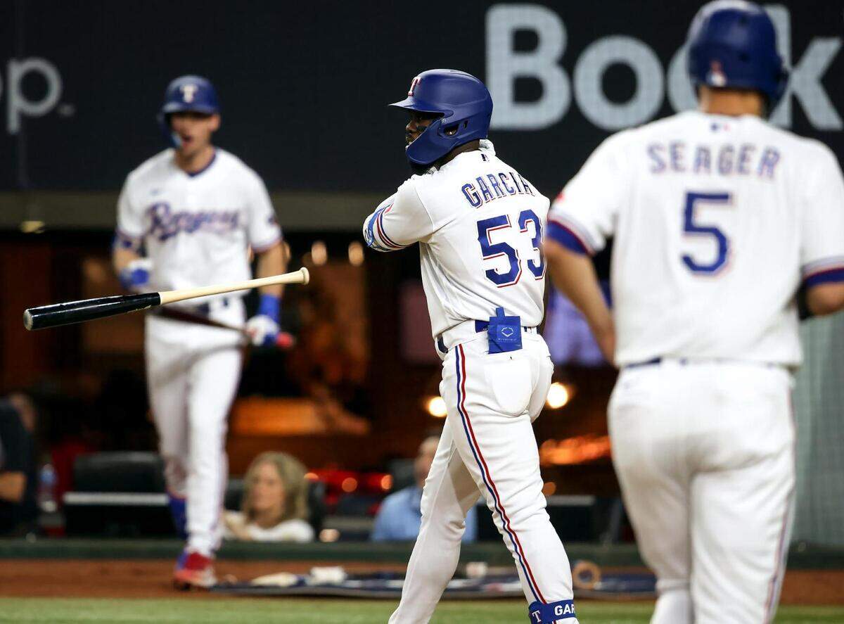 Texas Rangers outfielder Adolis Garcia celebrates after hitting a home run against the Baltimore Orioles in Game 3 of the ALDS on Tuesday, October 10, 2023, at Globe Life Field in Arlington.