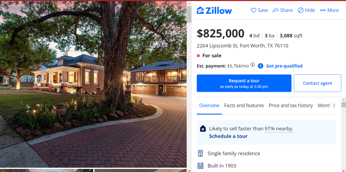 A screenshot of a home listing in a historic Fort Worth neighborhood. 