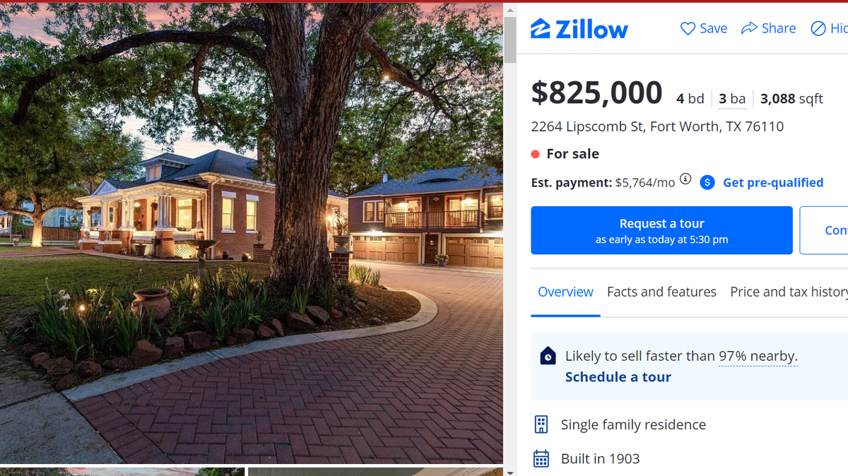 A screenshot of a home listing in a historic Fort Worth neighborhood. 