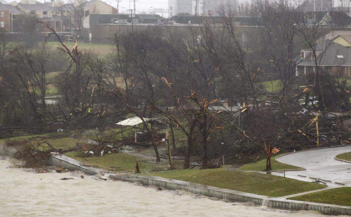 Damage from a tornado in Garland is visible from I-30 on Dec. 28, 2015.