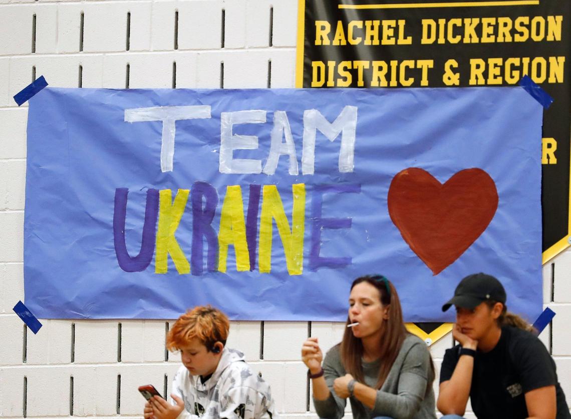 The gym had several signs supporting Ukraine and senior libero Ruslana Plaksii.