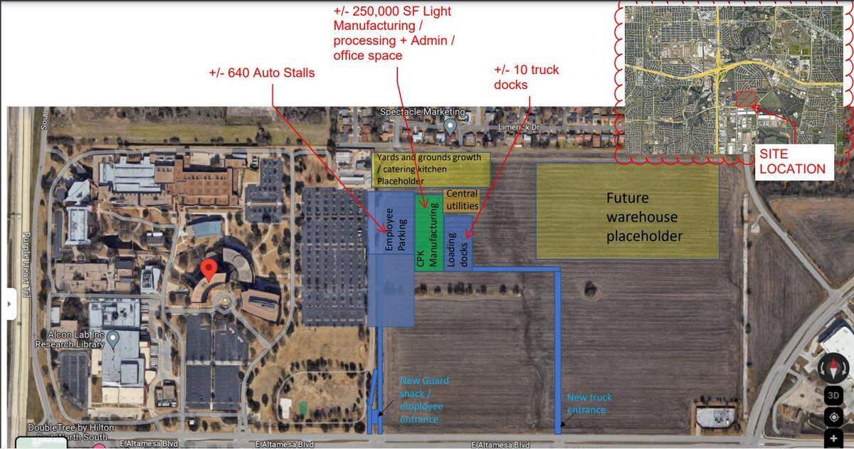 Alcon Laboratories is exploring a $100 million expansion of its Fort Worth campus. In this image, East Altamesa Boulevard is shown at the bottom, and Interstate 35W is immediately to the left of the existing campus, about eight miles south of downtown.