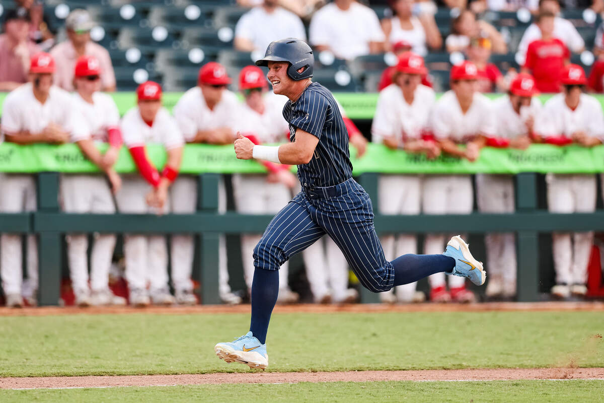 Keller’s Brock Burkett runs to home, scoring on a sacrifice fly, in the UIL Texas high school baseball Class 6A Division I state championship at Dell Diamond in Round Rock, Texas, Saturday, June 6, 2026.