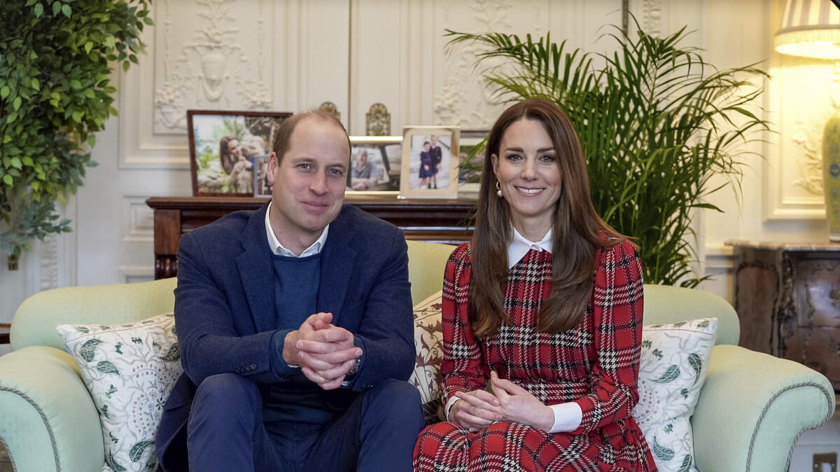 In this handout photo provided by Kensington Palace on Monday, Jan. 25, 2021, Britain’s Prince William and Kate, Duchess of Cambridge. Prince William has denounced racism aimed at Black soccer players.