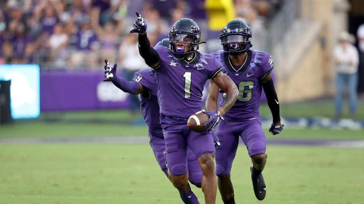 Texas Christian University cornerback TreÕVius Hodges-Tomlinson celebrates an interception during TCUÕs season opener on Saturday, September 4, 2021, at Amon G. Carter Stadium in Fort Worth.
