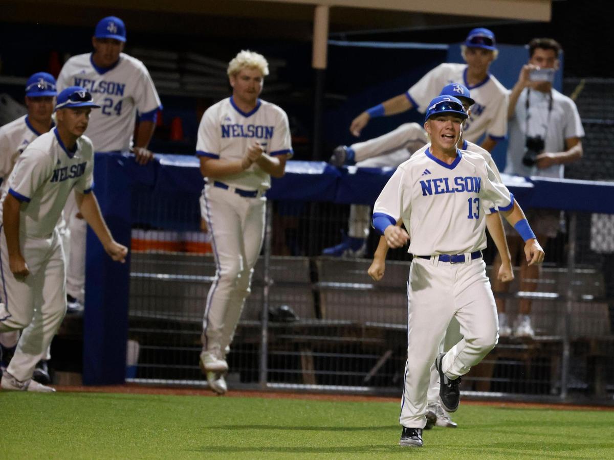 Byron Nelson players rush the field after winning game one of a UIL Regional Seminal 6A D2 baseball playoff game at Bobcat Field in Trophy Club, Texas, Thursday, May 15, 2025.