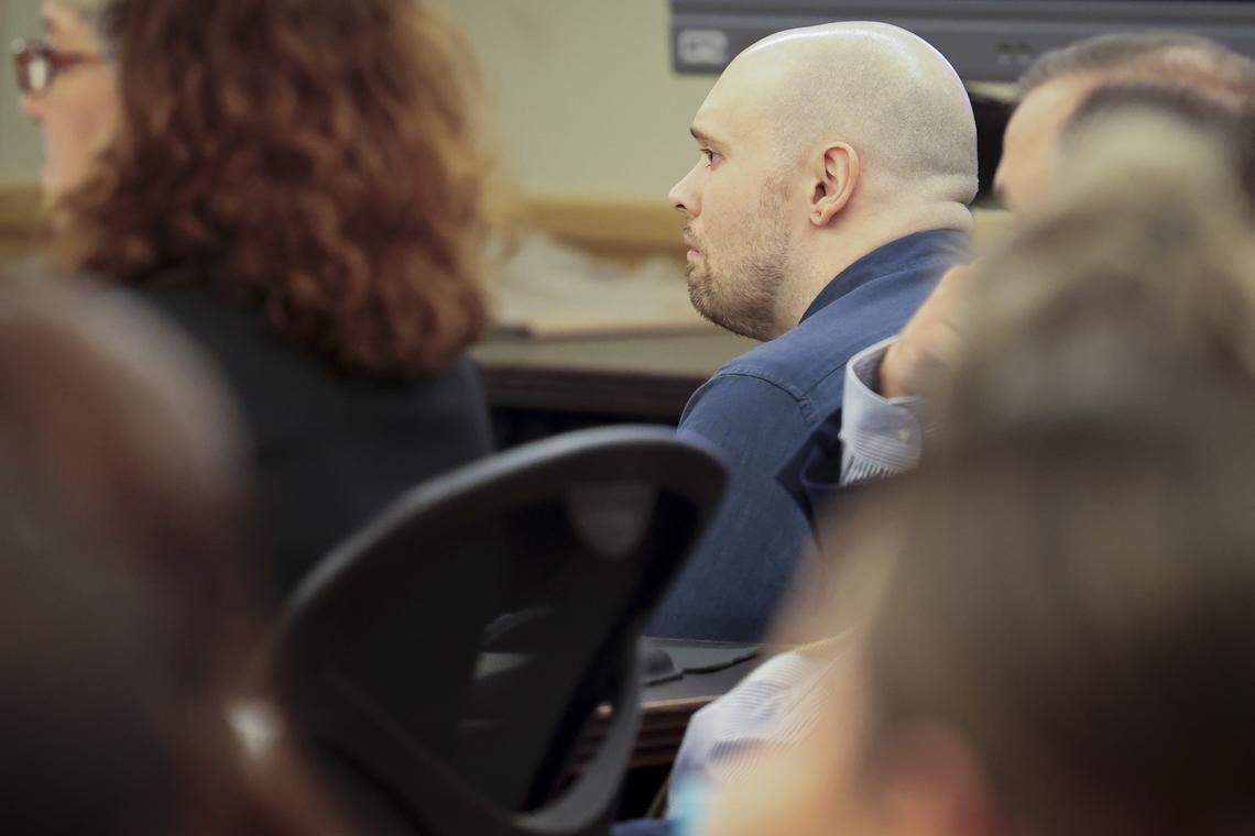 Defendant Tanner Horner reacts as he watches Maitlyn Gandy, mother of Athena Strand, testify on Wednesday, April 15, 2026, at the Tim Curry Criminal Justice Center. Horner pleaded guilty to capital murder in the November 2022 strangulation killing of 7-year-old Athena Strand.