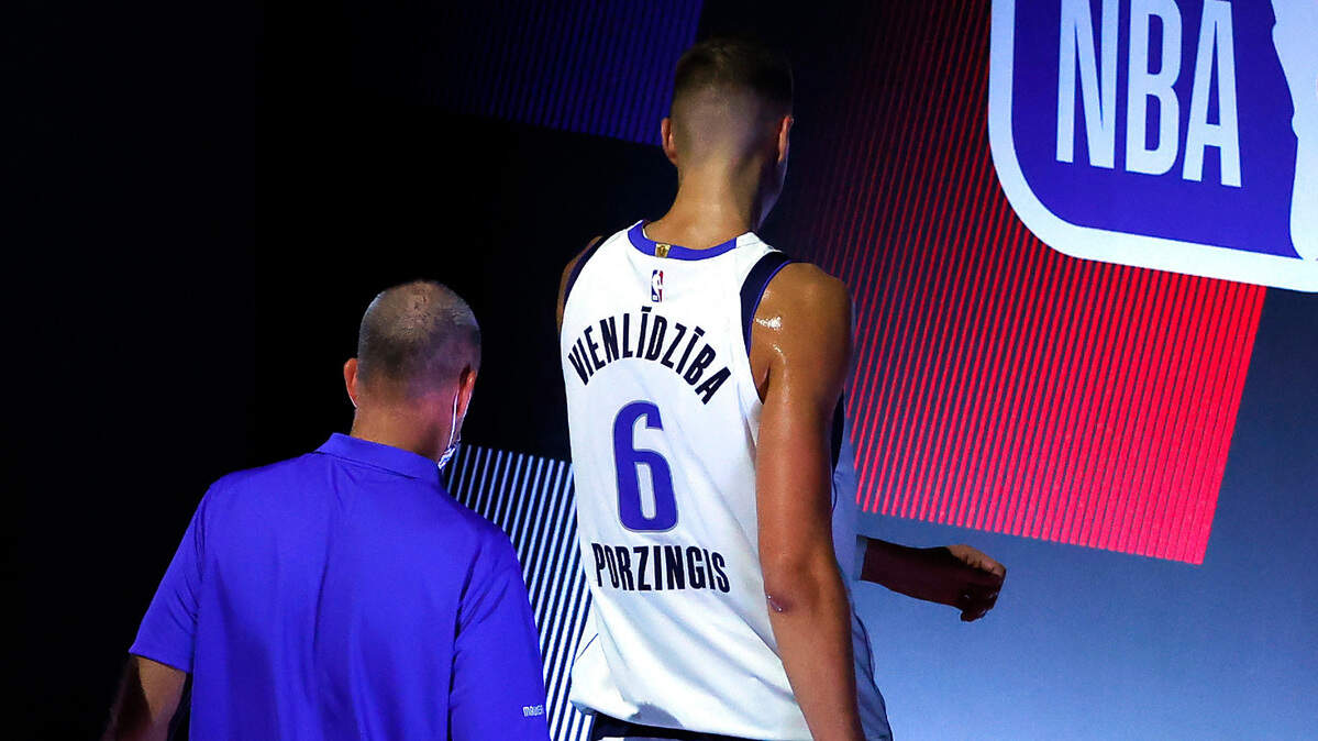 Dallas Mavericks’ Kristaps Porzingis leaves the court after being ejected from Game 1 of the first-round series against the Los Angeles Clippers in August.
