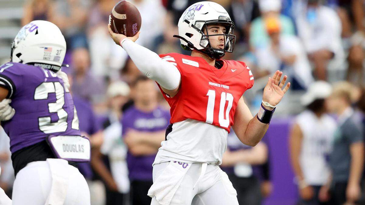 Texas Christian University quarterback Josh Hoover throws the ball during the team’s spring game on Friday, April 22, 2022, at Amon G. Carter Stadium in Fort Worth. Hoover has shed 25 pounds and is competing with Chandler Morris for the starting job in 2023.