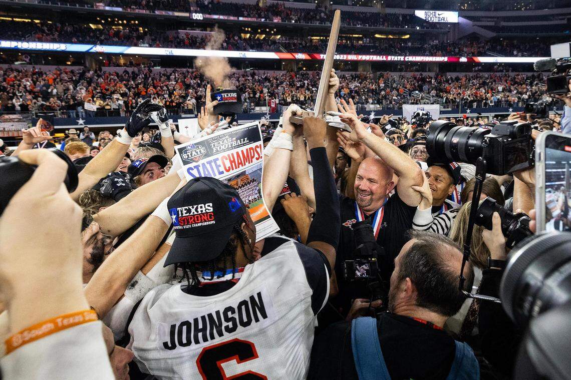 The Aledo Bearcats celebrate after winning the 5A Division I football state championship game against the Smithson Valley Rangers at AT&T Stadium in Arlington on Friday, Dec. 15, 2023. Aledo won 51-8 to capture the programs 12th state title.