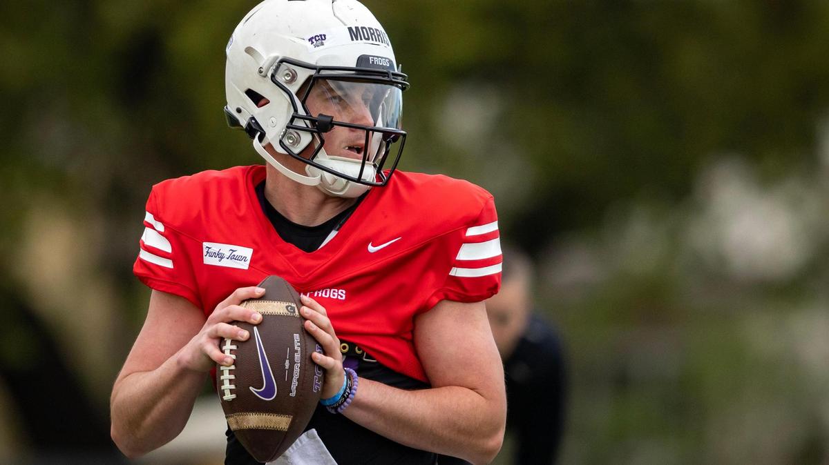 TCU quarterback Chandler Morris runs drills during spring training at TCU practice fields in Fort Worth on Wednesday, March 29, 2023.