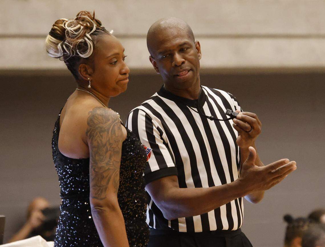 North Crowley head coach Lori Shead gets an explanation from an official as they play Flower Mound during the first half of a UIL Class 6A Division I girls regional final basketball playoff game at Arlington ISD Athletics Center in Arlington, Texas, Friday Feb. 27, 2026.