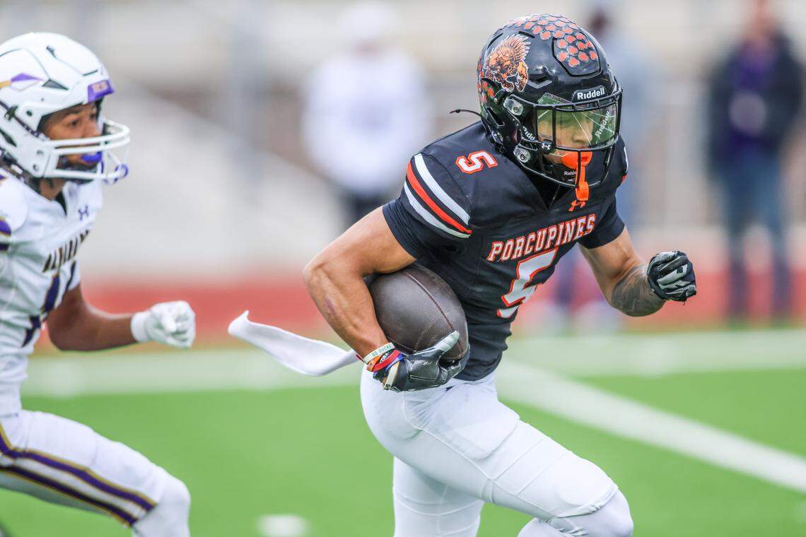 Springtown receiver Christian Mendoza cuts through the Alvarado defense during a Class 4A Division I regional semifinal Friday, Nov. 28, 2025, at Knight Stadium at Eagle Mountain High School in Fort Worth.