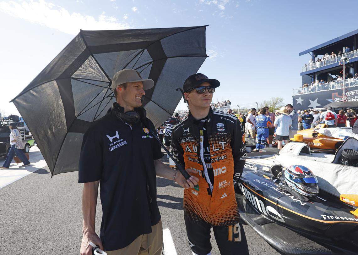 Dennis Hauger (19) enjoys the shade before the inaugural Java House Grand Prix of Arlington in Arlington, Texas, Sunday, March, 15, 2026.