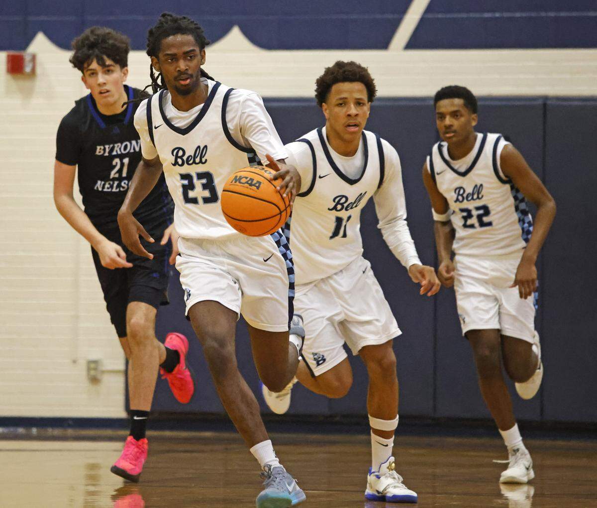 L.D. Bell forward De'Myrii Walker (23) brings the ball down court against Byron Nelson during the first half of a boys UIL basketball game between Byron Nelson and L.D. Bell at L.D. Bell High School in Hurst, Texas, Friday Feb. 06, 2026
