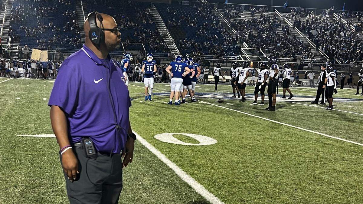 Crowley head coach Carlos Lynn looks over to his sideline in a 50-29 win over Weatherford.