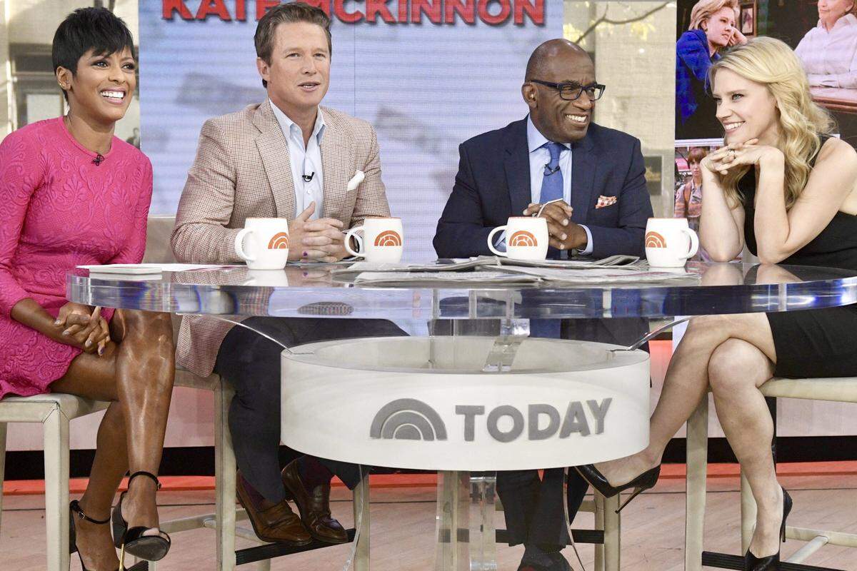 In 2016, Tamron Hall co-anchored NBC Today with Billy Bush, Al Roker and (here) guest Kate McKinnon.
