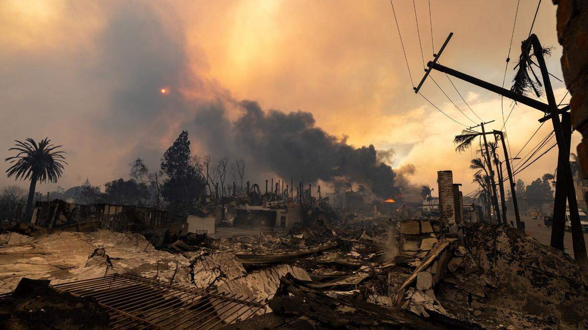Businesses in Palisades Village are a total loss, devastated by the Palisades fire on Jan. 8, 2025, in Pacific Palisades, California.
