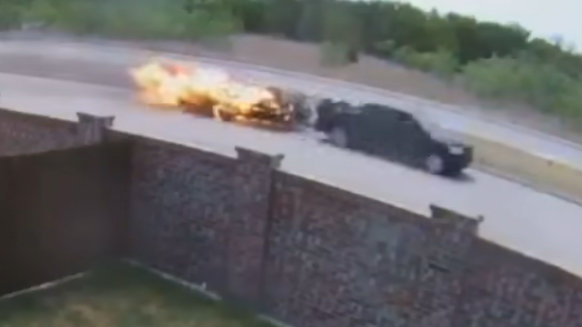 A fire marshal arrested a man who drove through Kaufman County, Texas, in a truck with a flaming trailer, sparking multiple grass fires and damaging a home.